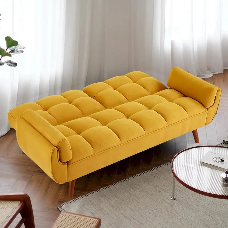 Tufted Linen Convertible Futon Sofa Bed with Solid Wood Legs