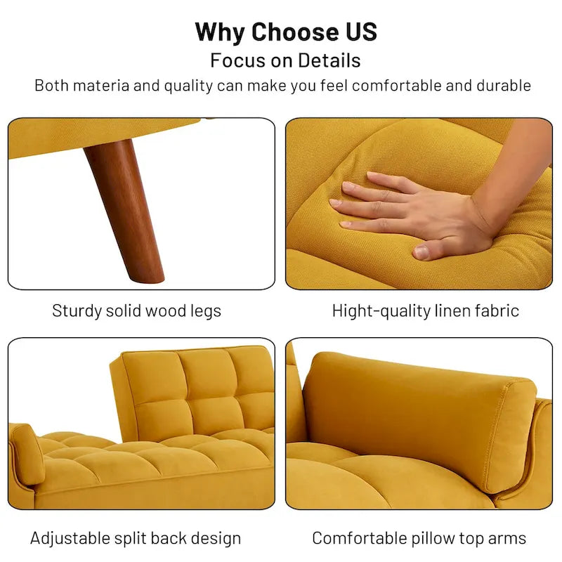 Tufted Linen Convertible Futon Sofa Bed with Solid Wood Legs