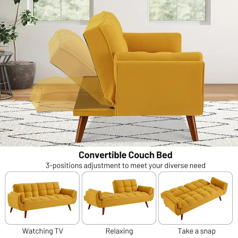 Tufted Linen Convertible Futon Sofa Bed with Solid Wood Legs