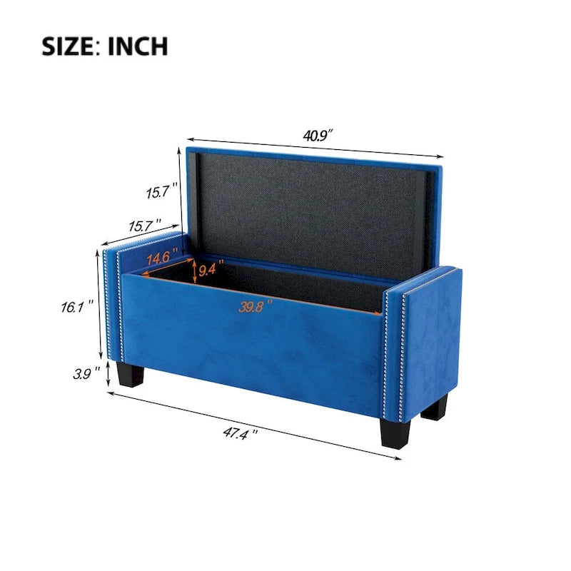Blue Velvet Tufted Storage Ottoman Bench with Nailhead Rivet Trim