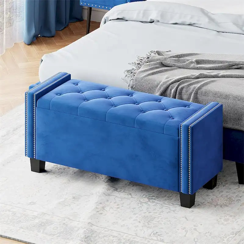 Blue Velvet Tufted Storage Ottoman Bench with Nailhead Rivet Trim