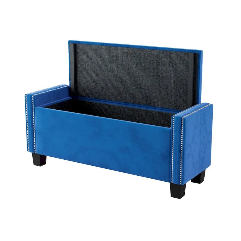 Banquette pouf de rangement capitonnée en velours bleu avec bordure de rivets décoratifs