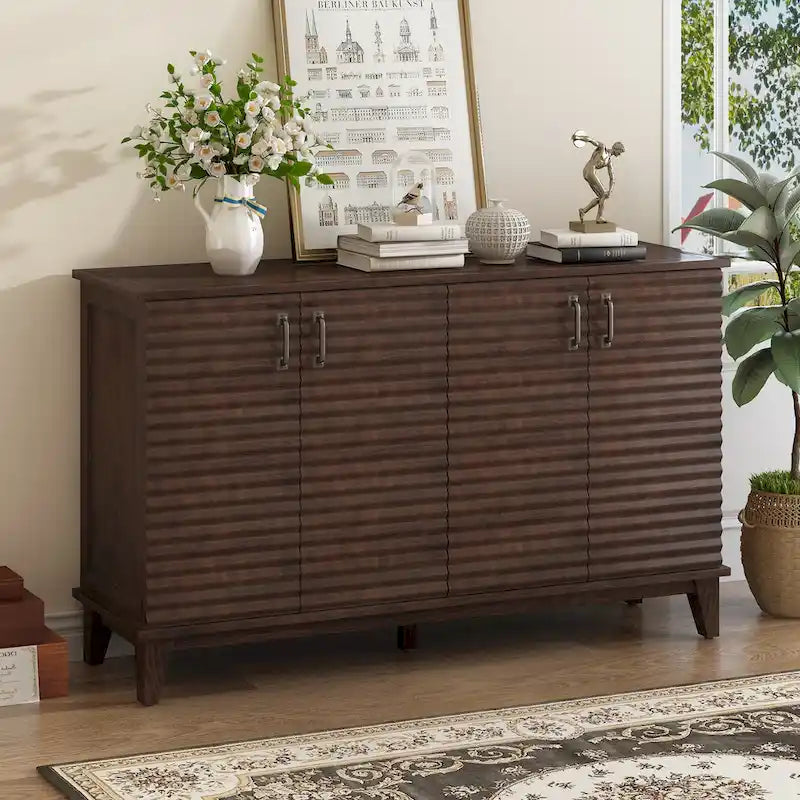 4-Door Retro Sideboard Buffet Cabinet with Adjustable Shelves, Navy Blue & Espresso