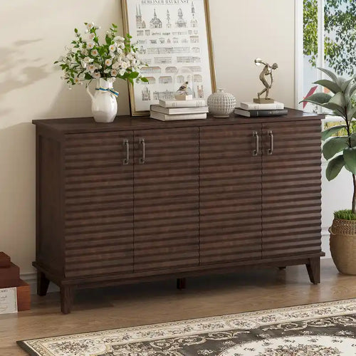 4-Door Retro Sideboard Buffet Cabinet with Adjustable Shelves, Navy Blue & Espresso