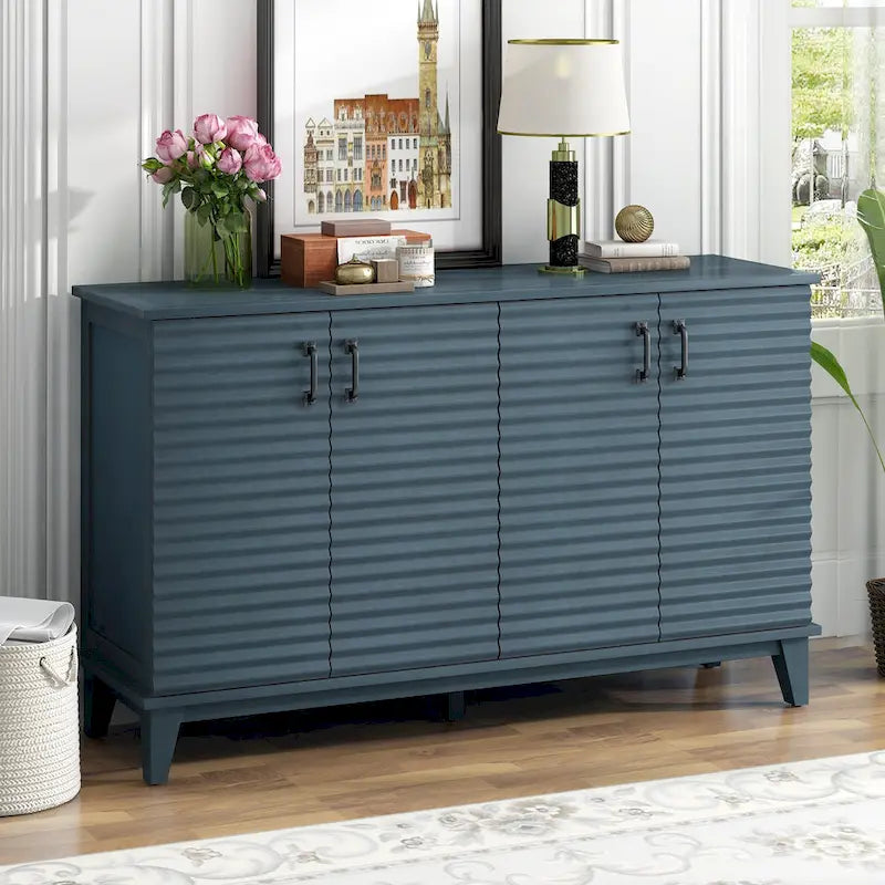 4-Door Retro Sideboard Buffet Cabinet with Adjustable Shelves, Navy Blue & Espresso