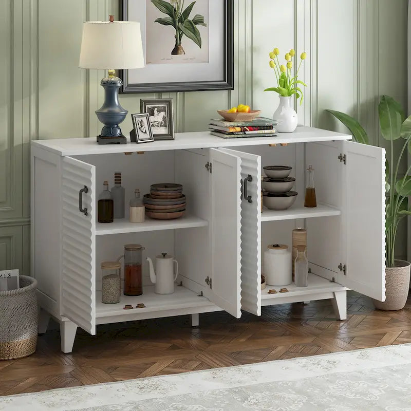 4-Door Retro Sideboard Buffet Cabinet with Adjustable Shelves, Navy Blue & Espresso