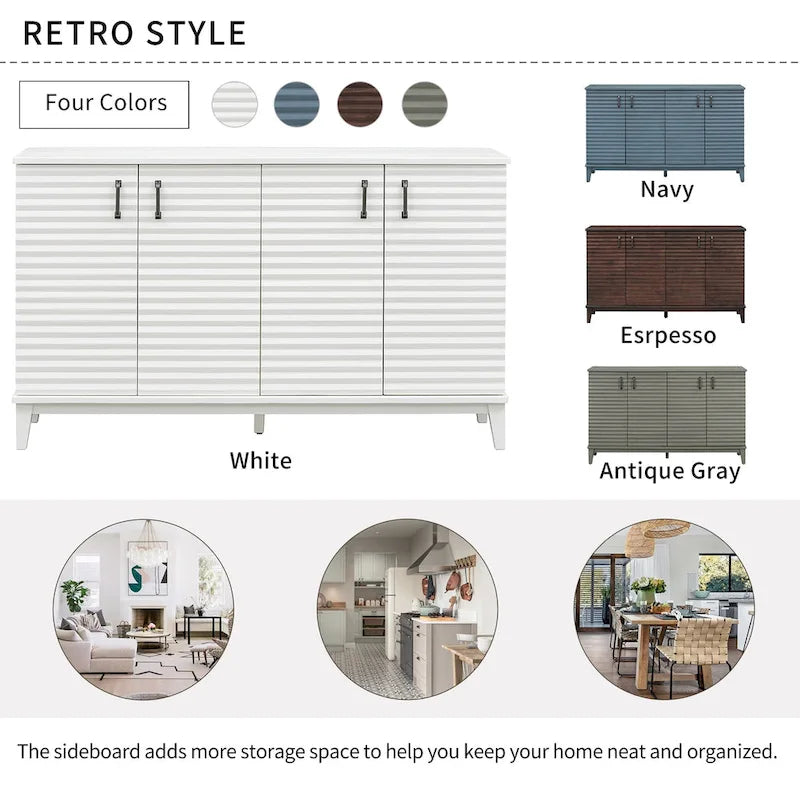 4-Door Retro Sideboard Buffet Cabinet with Adjustable Shelves, Navy Blue & Espresso
