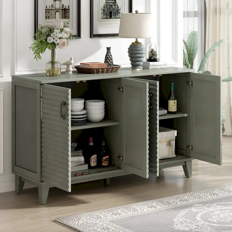 4-Door Retro Sideboard Buffet Cabinet with Adjustable Shelves, Navy Blue & Espresso