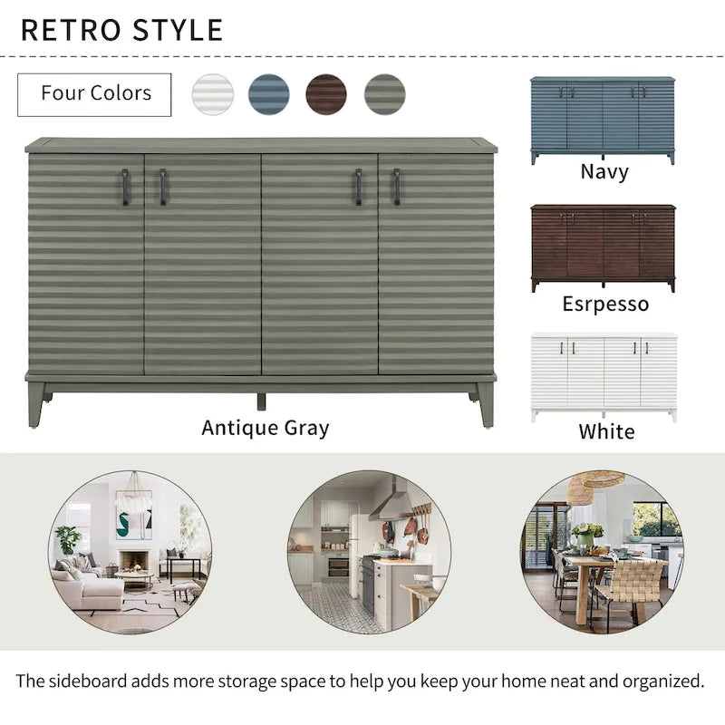 4-Door Retro Sideboard Buffet Cabinet with Adjustable Shelves, Navy Blue & Espresso