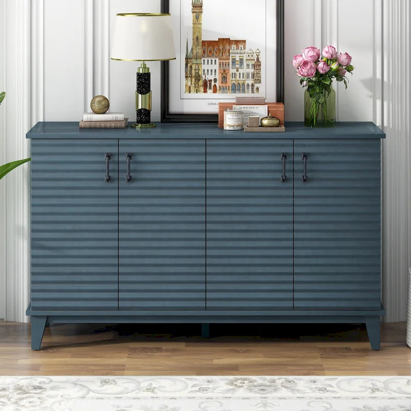 4-Door Retro Sideboard Buffet Cabinet with Adjustable Shelves, Navy Blue & Espresso