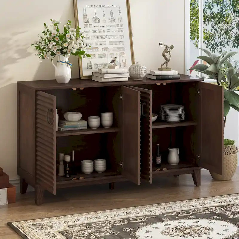 4-Door Retro Sideboard Buffet Cabinet with Adjustable Shelves, Navy Blue & Espresso