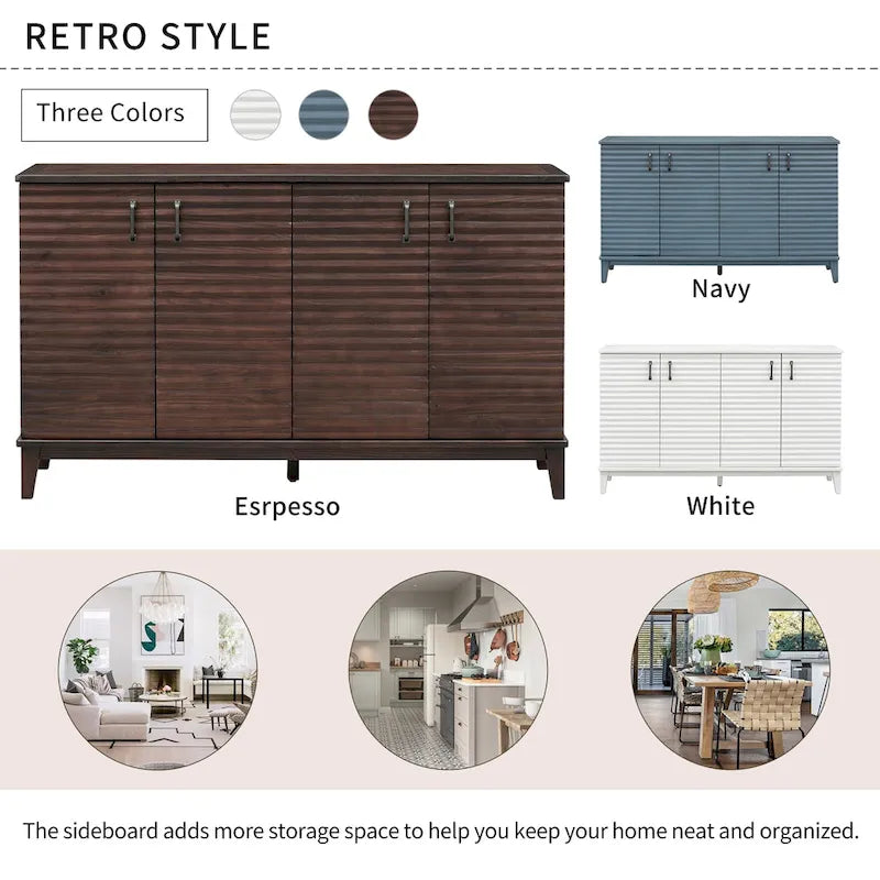 4-Door Retro Sideboard Buffet Cabinet with Adjustable Shelves, Navy Blue & Espresso
