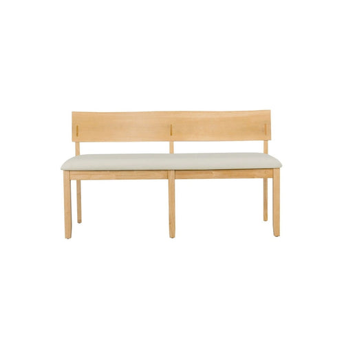 Eetkamerbank van 53 inch met rugleuning, crèmekleurige stoffen zitting, frame van natuurlijk hout