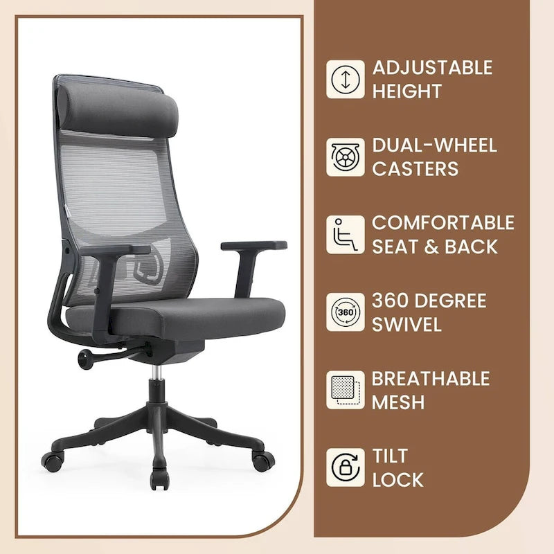 Ergonomischer Bürostuhl mit Netzrückenlehne, verstellbarer Kopfstütze und Armlehnen