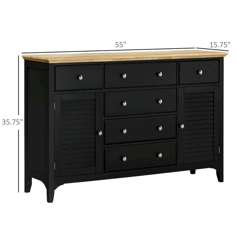 Schwarzes Buffet-Sideboard mit Schubladen, Lamellentüren und Oberplatte aus Naturholz