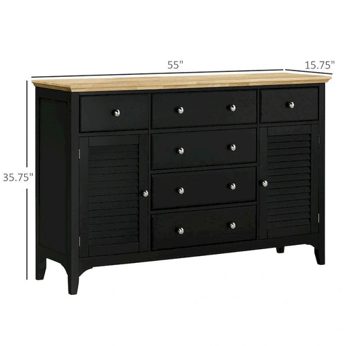 Credenza buffet nera con cassetti e ante a persiana, piano superiore in legno naturale