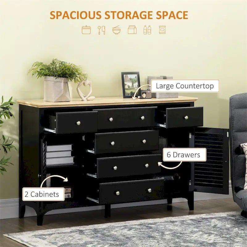 Schwarzes Buffet-Sideboard mit Schubladen, Lamellentüren und Oberplatte aus Naturholz