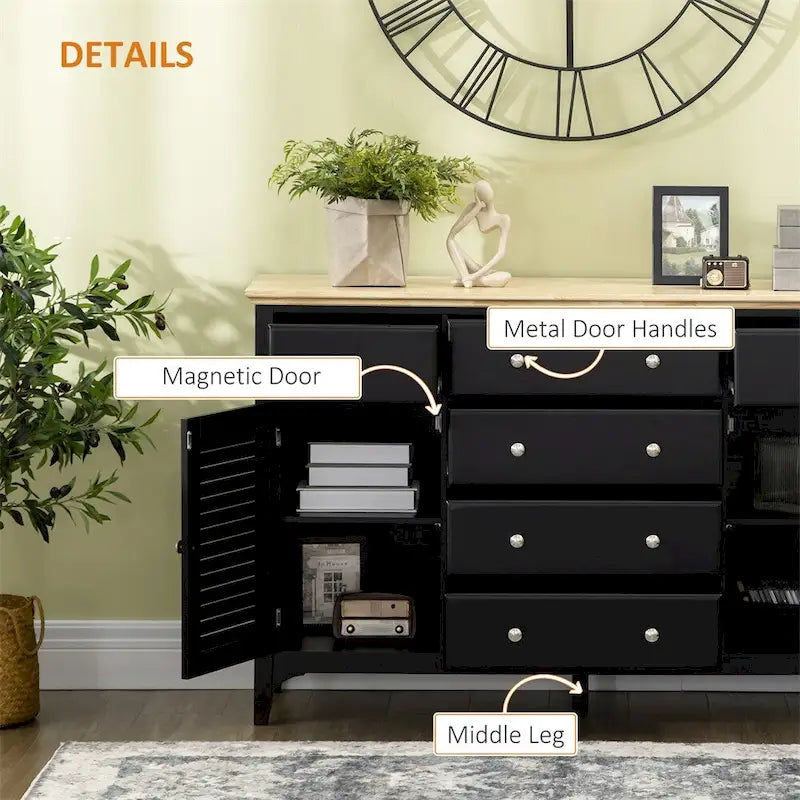 Black Buffet Sideboard Cabinet with Drawers Louver Doors Natural Wood Top