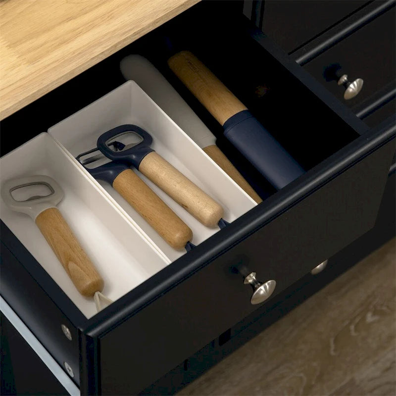 Schwarzes Buffet-Sideboard mit Schubladen, Lamellentüren und Oberplatte aus Naturholz