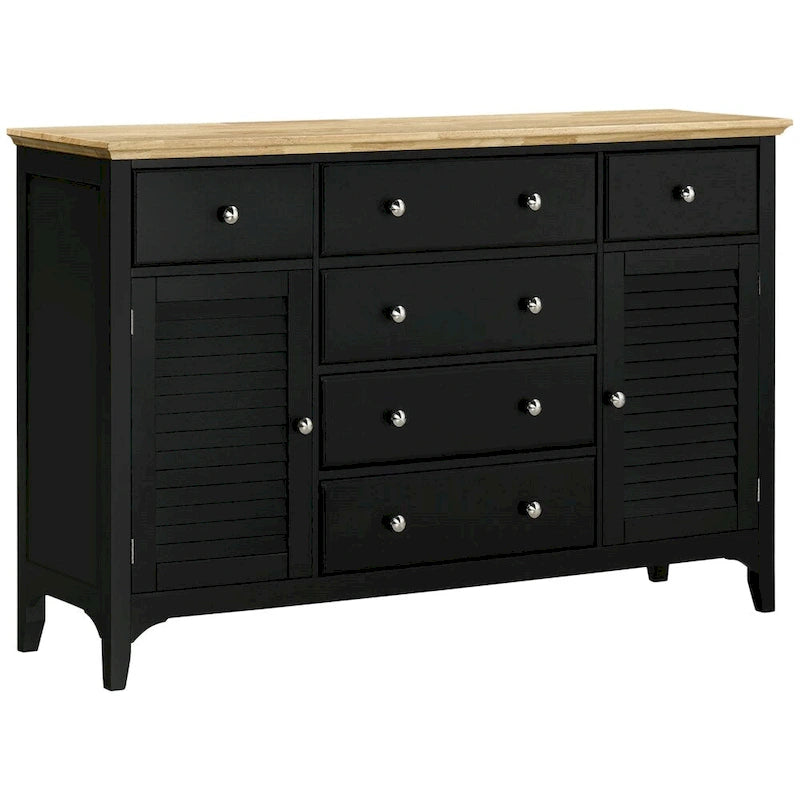 Schwarzes Buffet-Sideboard mit Schubladen, Lamellentüren und Oberplatte aus Naturholz