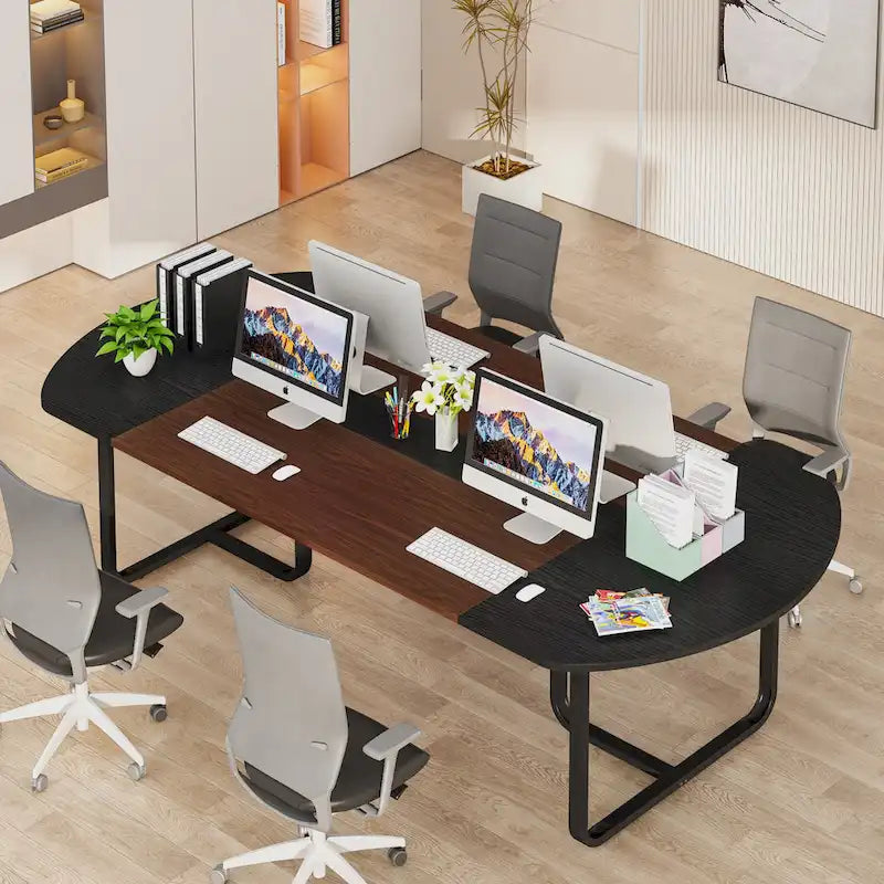 Oval Conference Table Curved Walnut Black Veneer Metal Legs Office