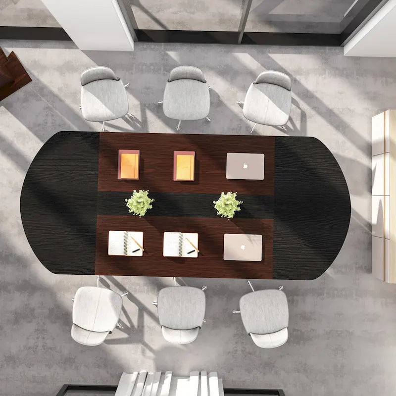 Oval Conference Table Curved Walnut Black Veneer Metal Legs Office