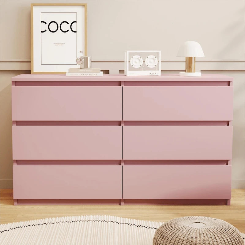 6-Drawer Wide Wood Dresser Chest of Drawers Large Storage Tower with TV Stand
