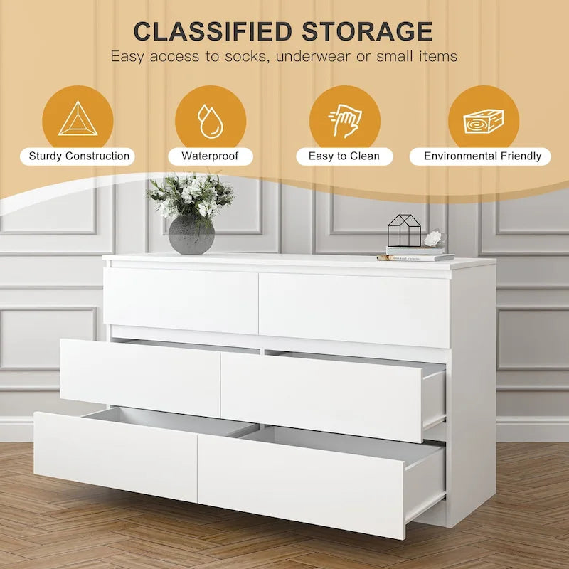 6-Drawer Wide Wood Dresser Chest of Drawers Large Storage Tower with TV Stand