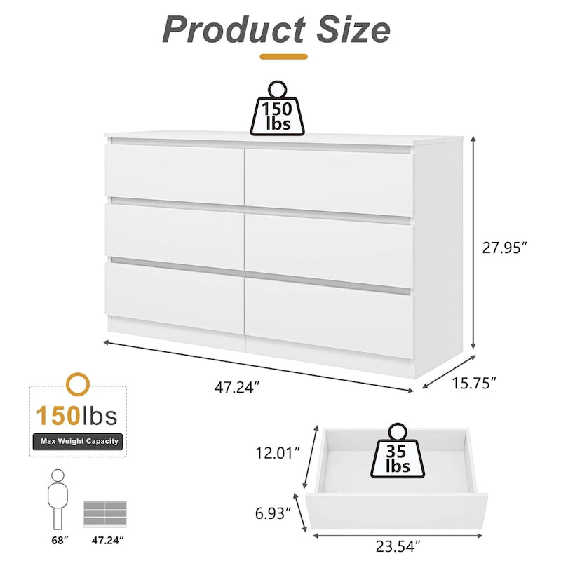 6-Drawer Wide Wood Dresser Chest of Drawers Large Storage Tower with TV Stand