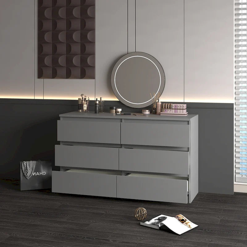 6-Drawer Wide Wood Dresser Chest of Drawers Large Storage Tower with TV Stand