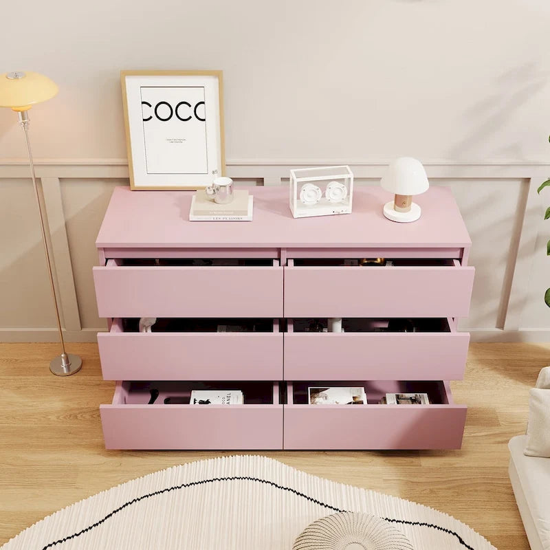 6-Drawer Wide Wood Dresser Chest of Drawers Large Storage Tower with TV Stand