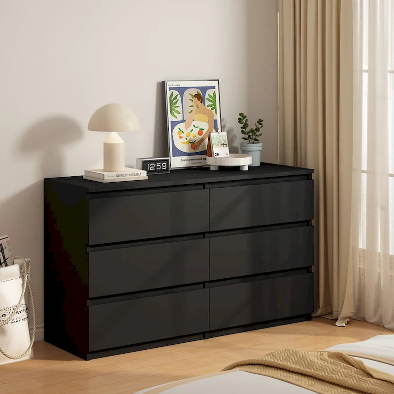 6-Drawer Wide Wood Dresser Chest of Drawers Large Storage Tower with TV Stand