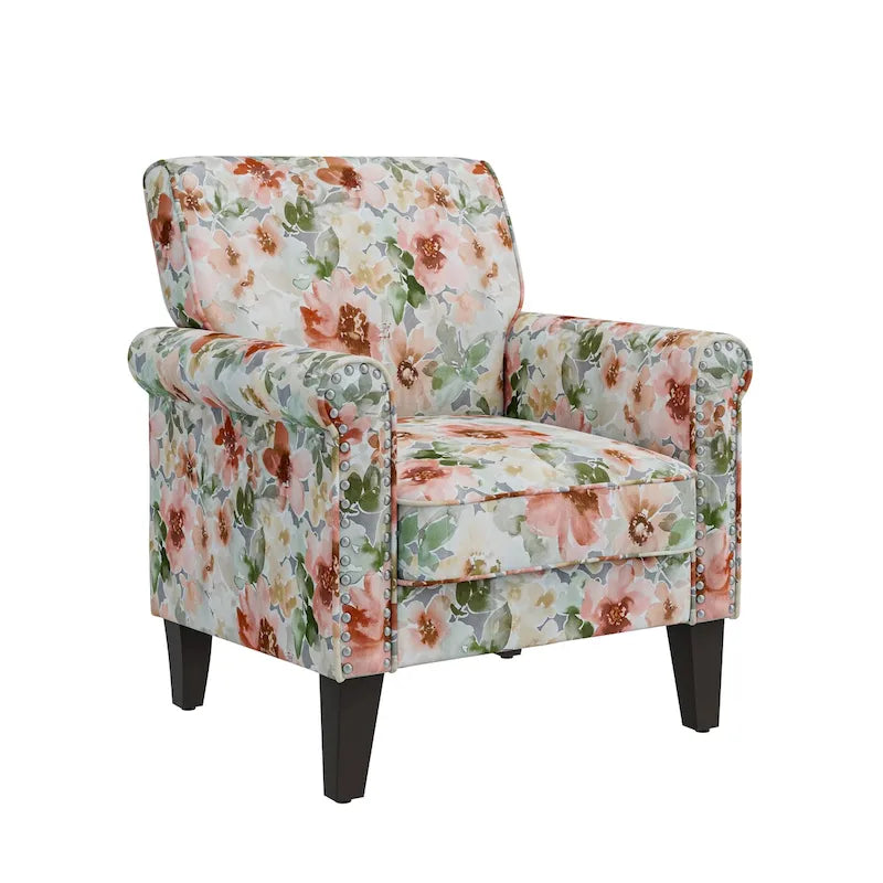 Floral Upholstered Rolled Arm Accent Chair with Nailhead Trim Espresso Legs