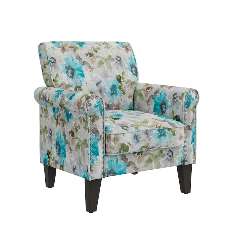 Floral Upholstered Rolled Arm Accent Chair with Nailhead Trim Espresso Legs