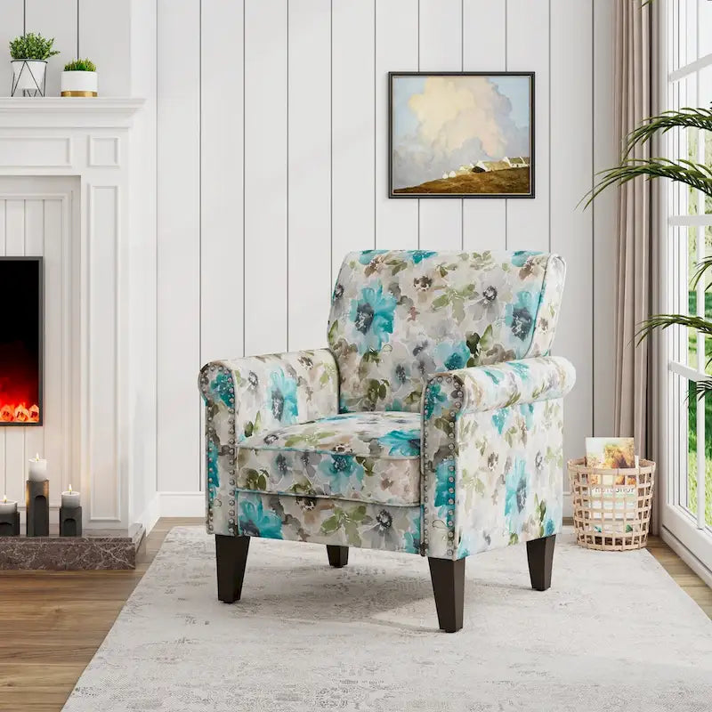 Floral Upholstered Rolled Arm Accent Chair with Nailhead Trim Espresso Legs