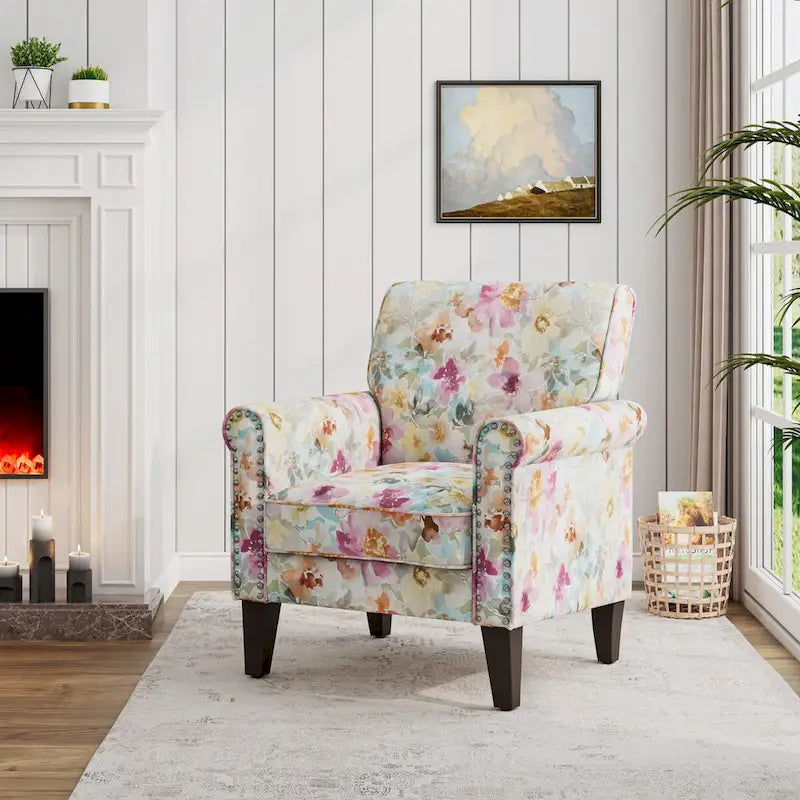 Floral Upholstered Rolled Arm Accent Chair with Nailhead Trim Espresso Legs