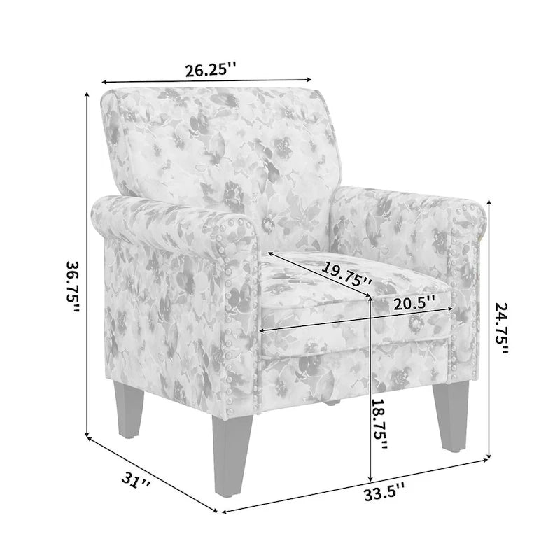 Floral Upholstered Rolled Arm Accent Chair with Nailhead Trim Espresso Legs
