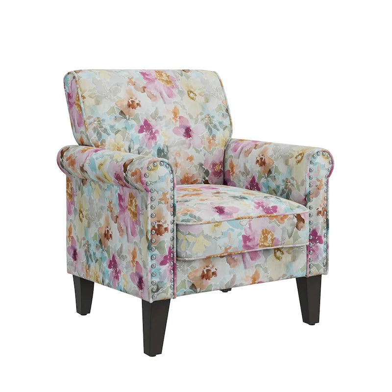 Floral Upholstered Rolled Arm Accent Chair with Nailhead Trim Espresso Legs