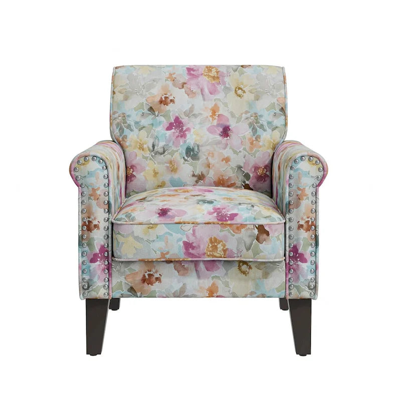 Floral Upholstered Rolled Arm Accent Chair with Nailhead Trim Espresso Legs