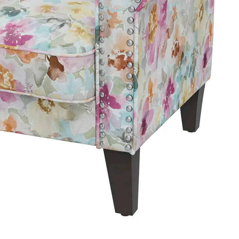 Floral Upholstered Rolled Arm Accent Chair with Nailhead Trim Espresso Legs