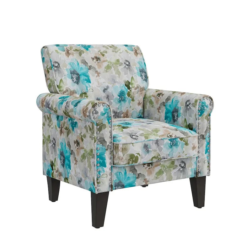 Floral Upholstered Rolled Arm Accent Chair with Nailhead Trim Espresso Legs