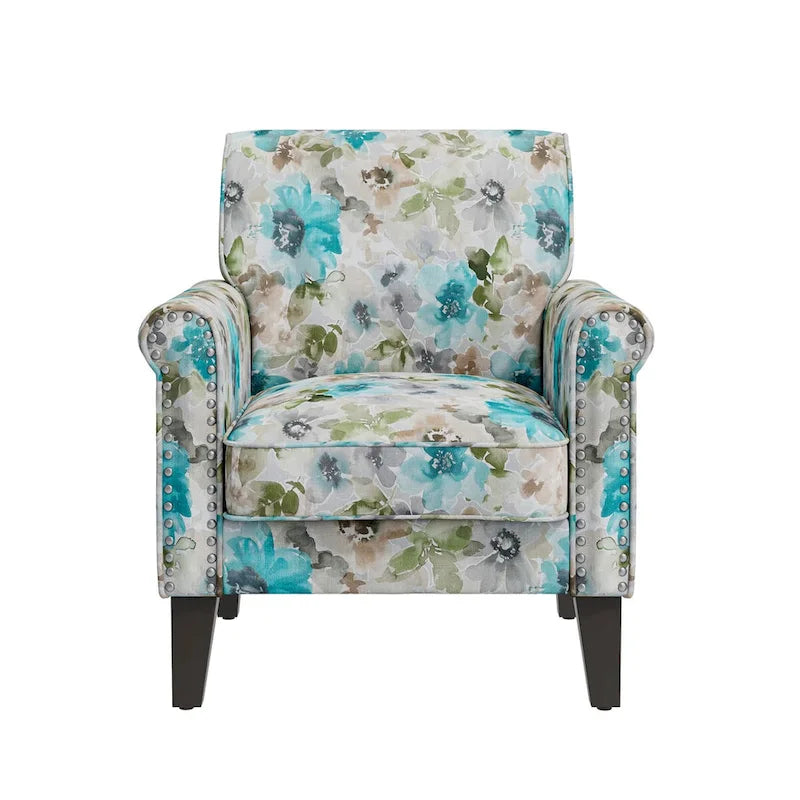 Floral Upholstered Rolled Arm Accent Chair with Nailhead Trim Espresso Legs