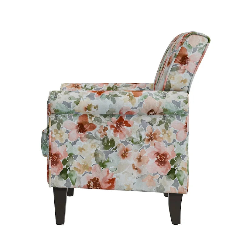 Floral Upholstered Rolled Arm Accent Chair with Nailhead Trim Espresso Legs