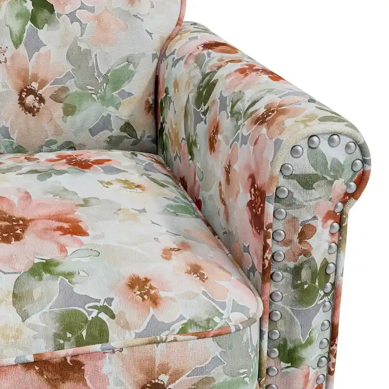 Floral Upholstered Rolled Arm Accent Chair with Nailhead Trim Espresso Legs