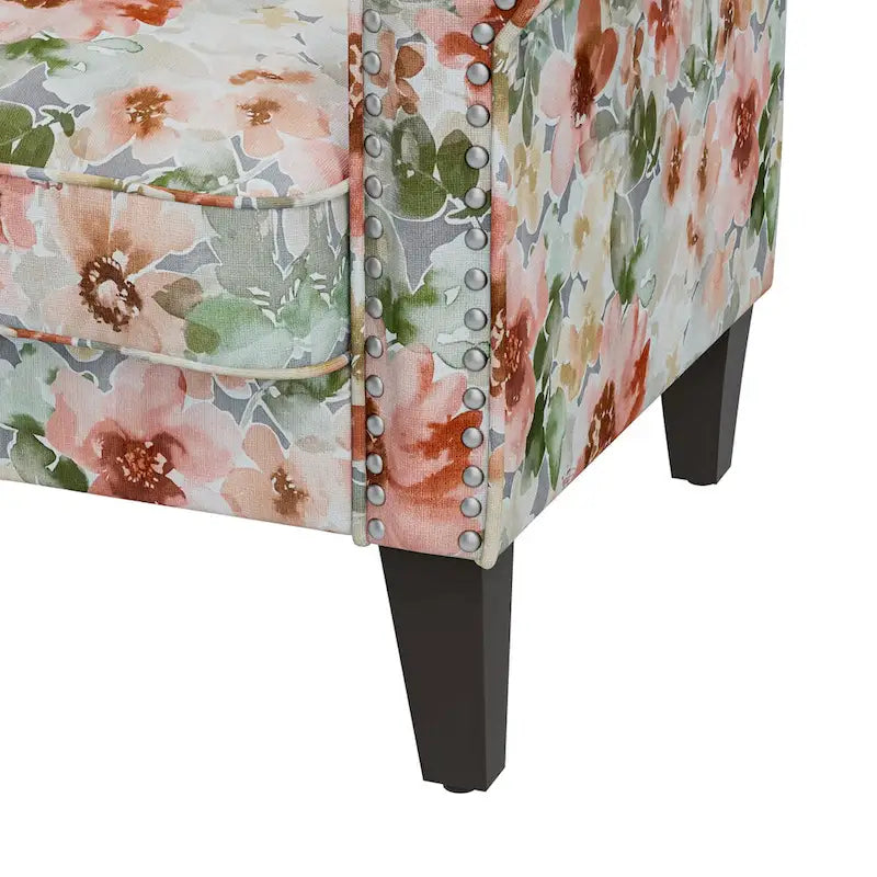 Floral Upholstered Rolled Arm Accent Chair with Nailhead Trim Espresso Legs
