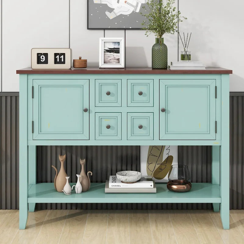 Retro Blue Buffet Sideboard Console Table with Drawers Cabinets and Bottom Shelf