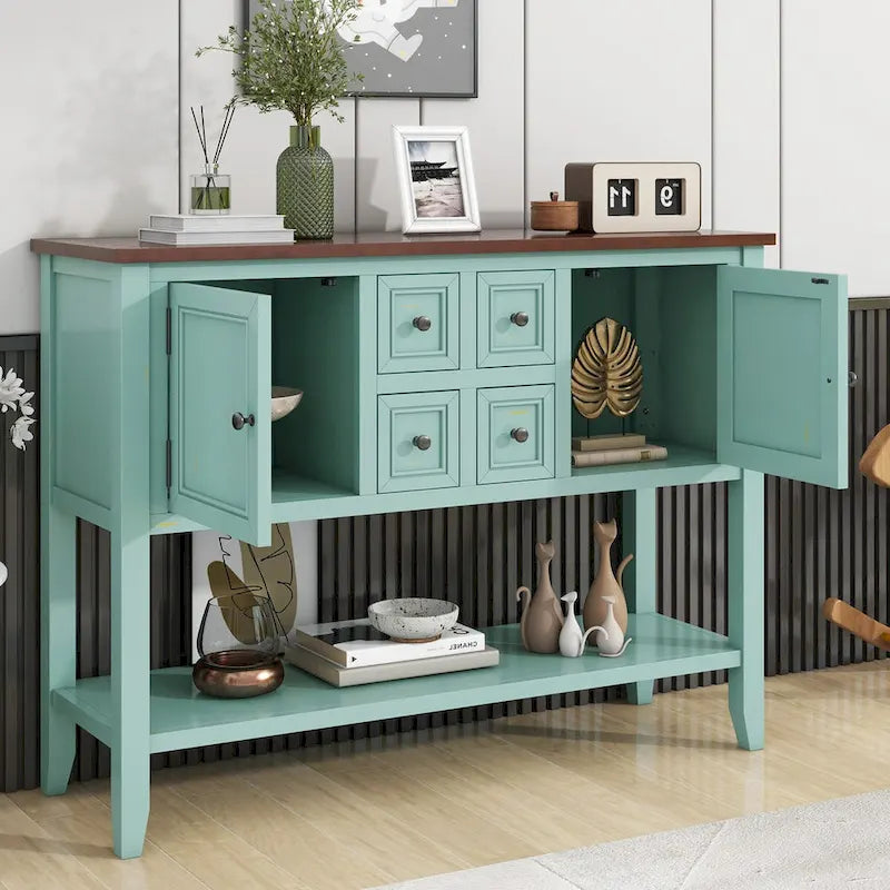 Retro Blue Buffet Sideboard Console Table with Drawers Cabinets and Bottom Shelf