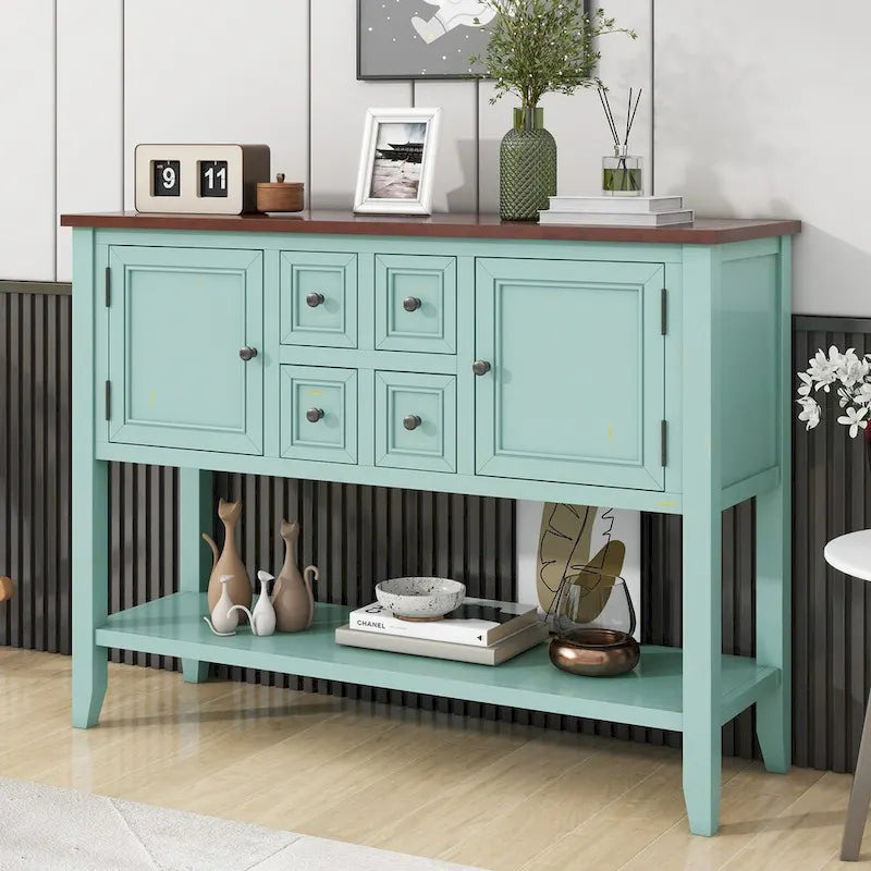 Retro Blue Buffet Sideboard Console Table with Drawers Cabinets and Bottom Shelf